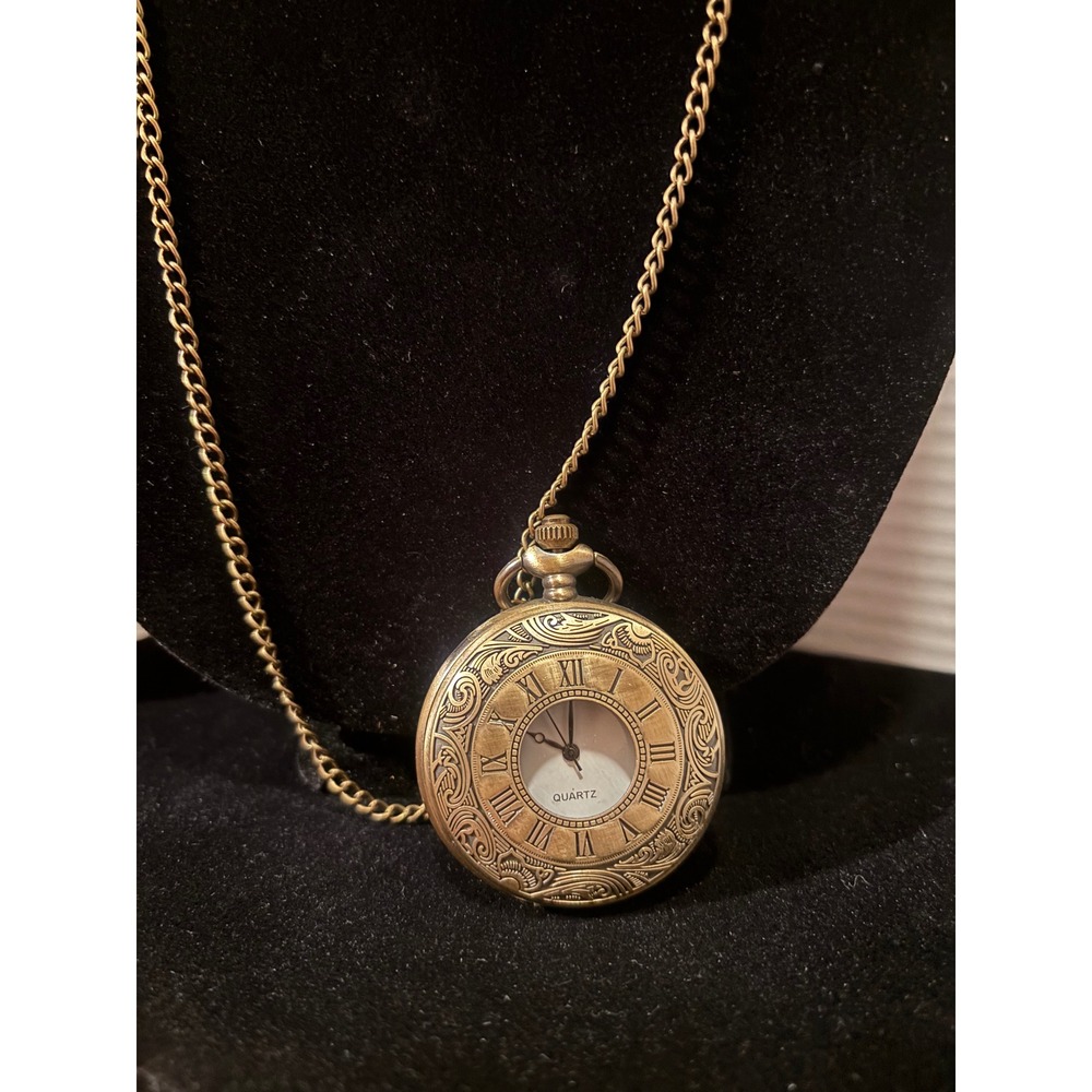 Vintage Bronze-tone Steampunk quartz Pocket Watch Pendant 32" chain